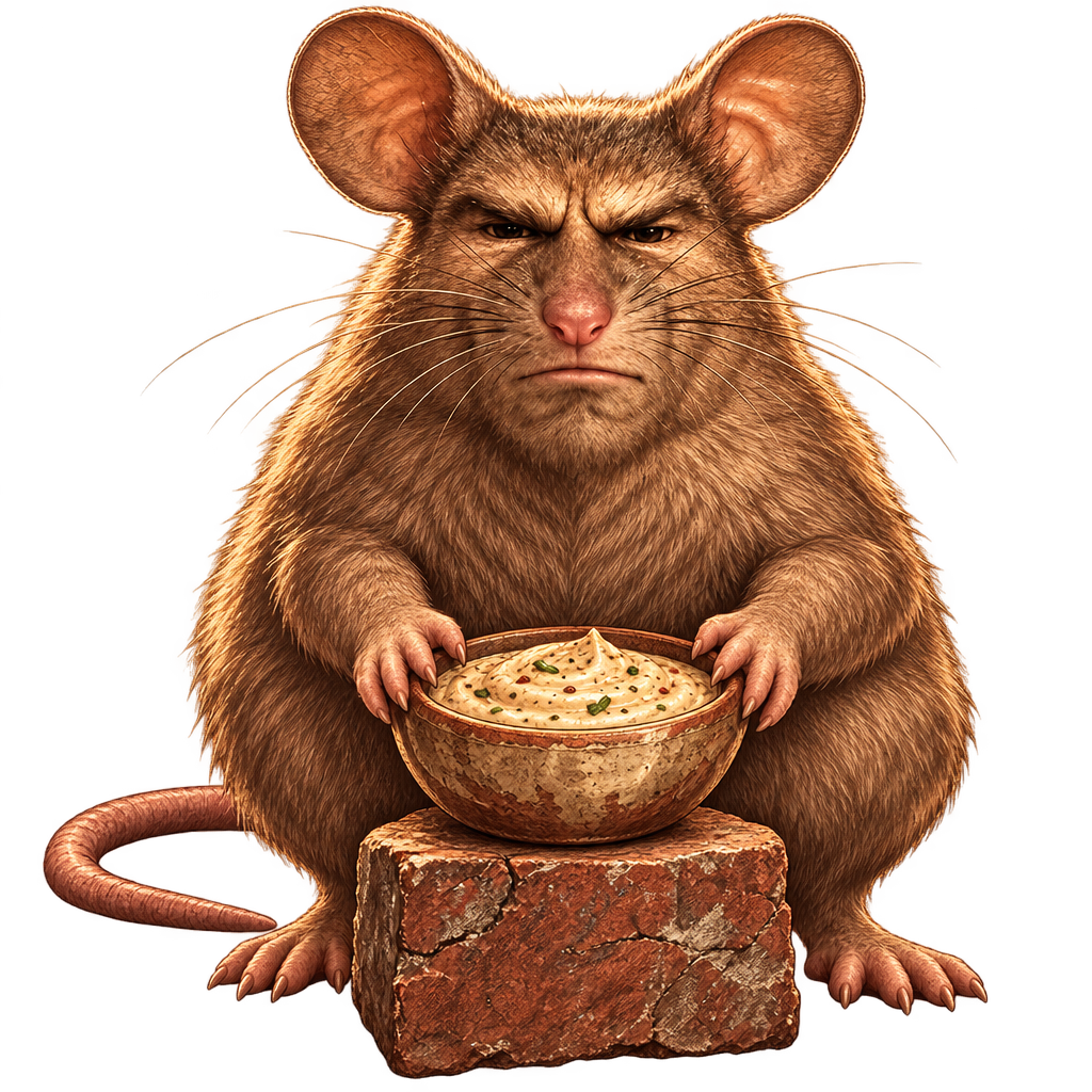Sigma Rat gripping a bowl of dip on a brick pedestal.