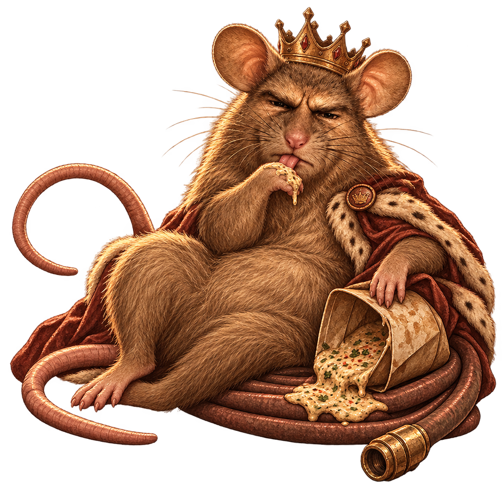 Sigma Rat crowned, in a robe, eating from a paper bag on a coiled hose.